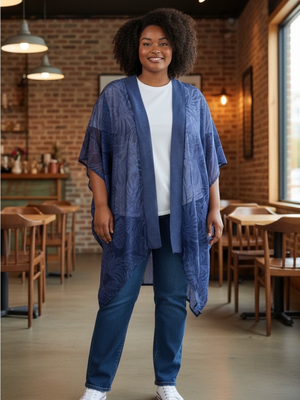 Kona Sol Navy Sheer Floral Kimono Cover-Up L/XL